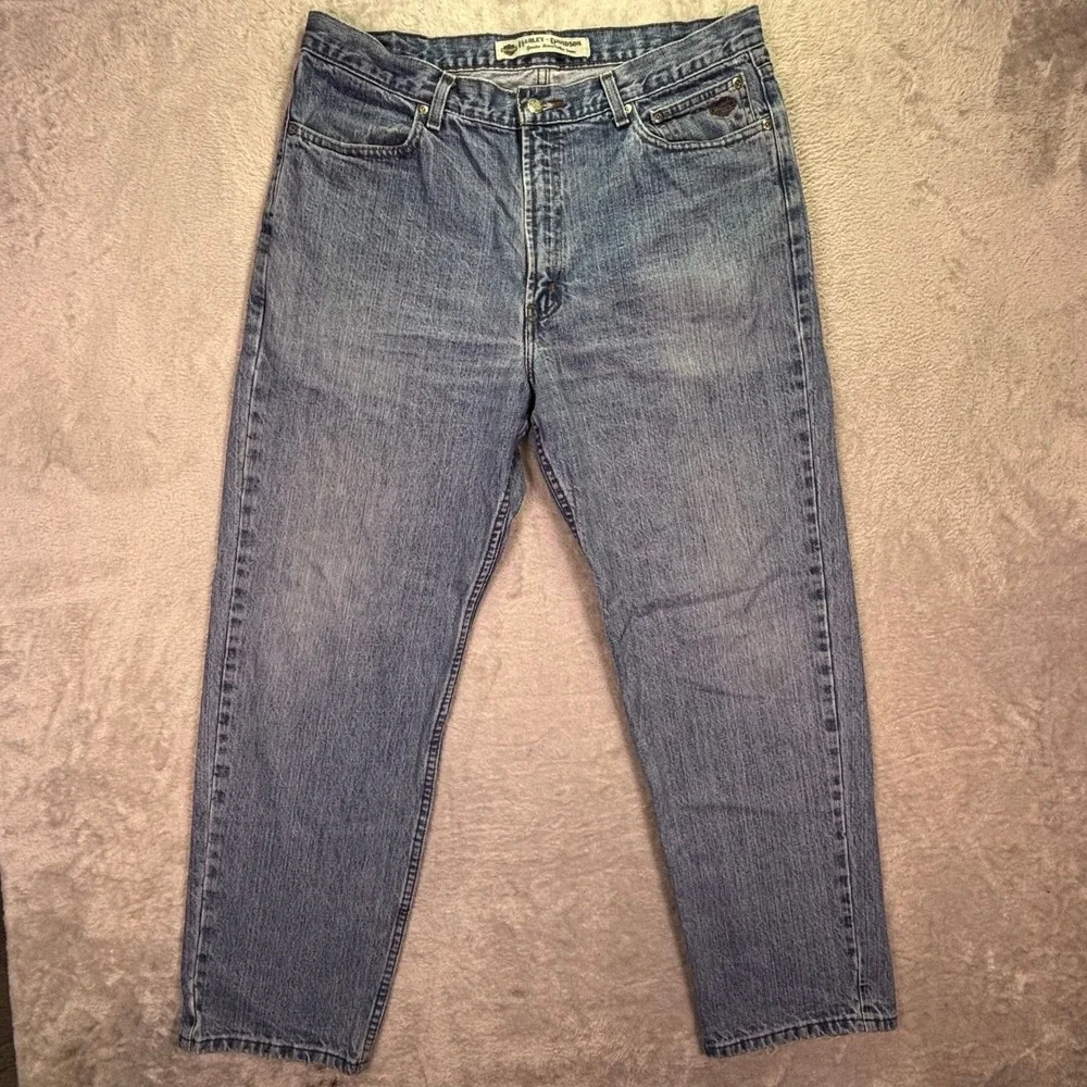 Harley Davidson Mens Jeans 36x30 Blue Straight Leg Embroidered Logo Denim